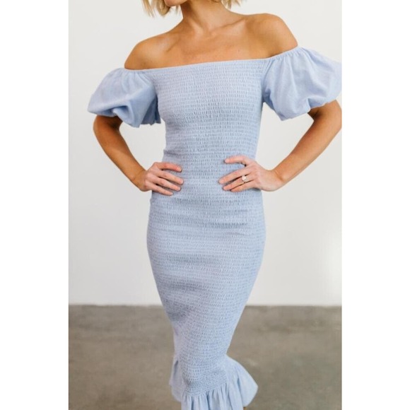 Baltic Born Alana Smocked Midi Dress Blue Stretch Off Shoulder Size M Worn once - Picture 2 of 10